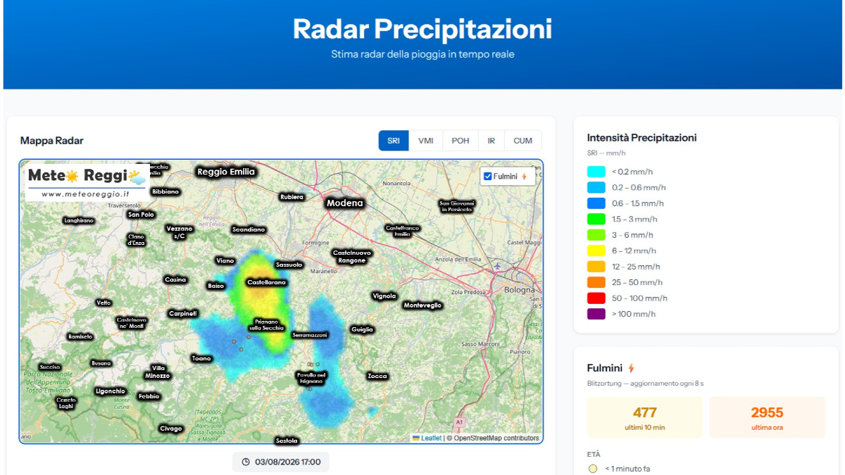 Bollettino meteo delle 17:15 - Temporale in estinzione nel fondovalle del Secchia