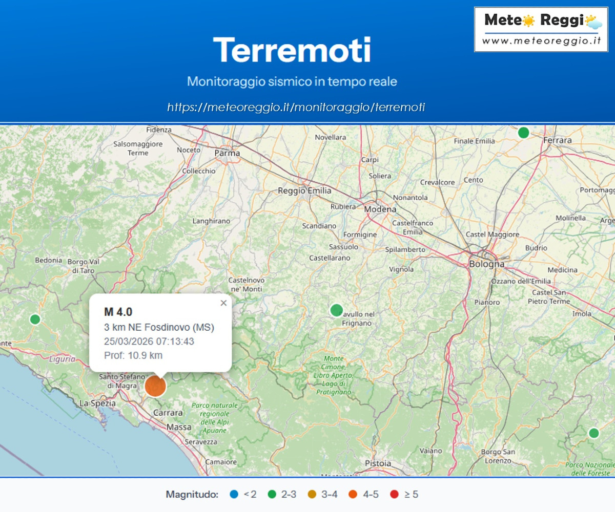 Scossa di terremoto magnitudo 4.0 a Fosdinovo (MS): avvertita distintamente anche nel reggiano
